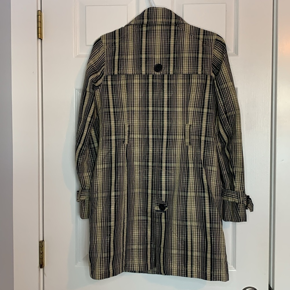 Jacob Beige Navy Plaid Trench Coat women’s extra small Buckles Buttons Classy - Picture 8 of 13
